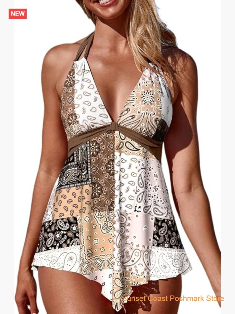 Halter Tankini Swimsuits for Women Tummy Coverage Handkerchief Hem Top with Mid